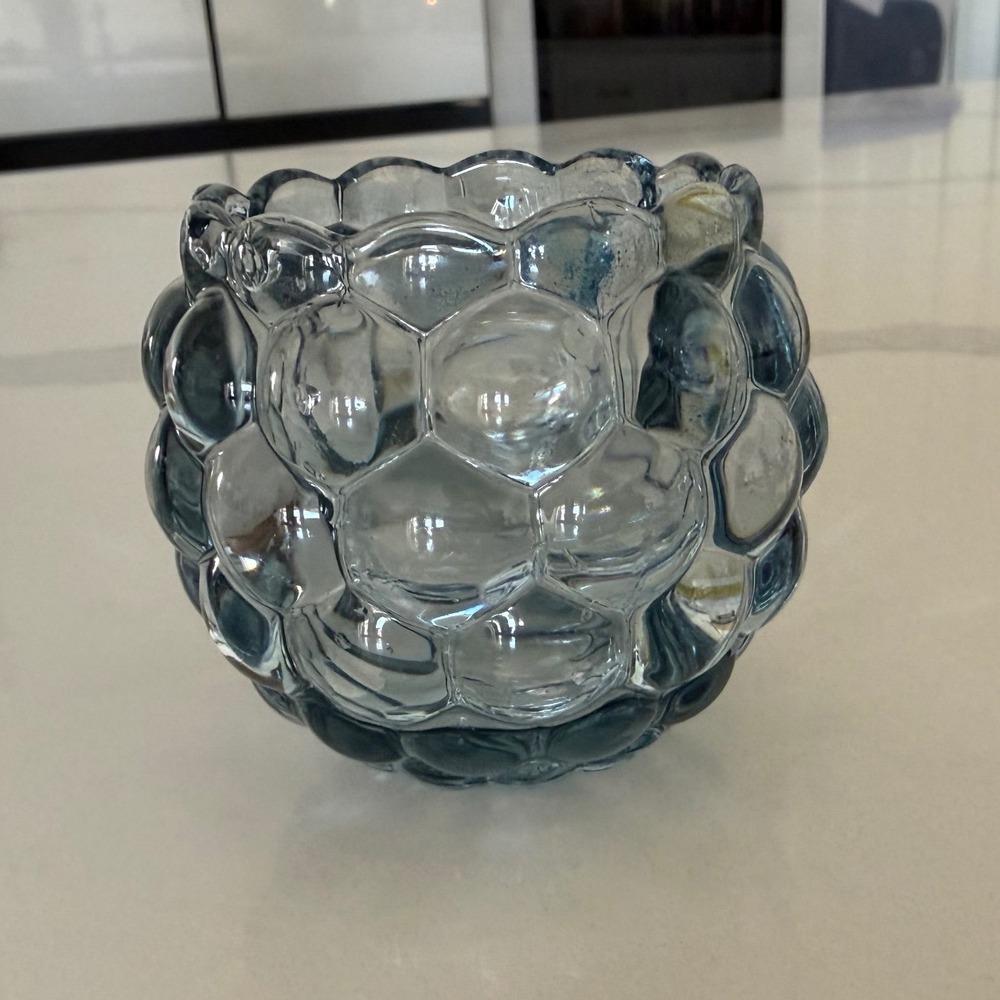 Blue Textured Bubble Glass Votive Candle Holder Scalloped Rim Mid-Century Style